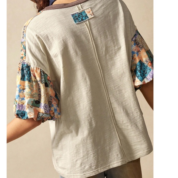 Boho Floral Print Peace Patchwork Color Block Puff Sleeve Top - Picture 5 of 5